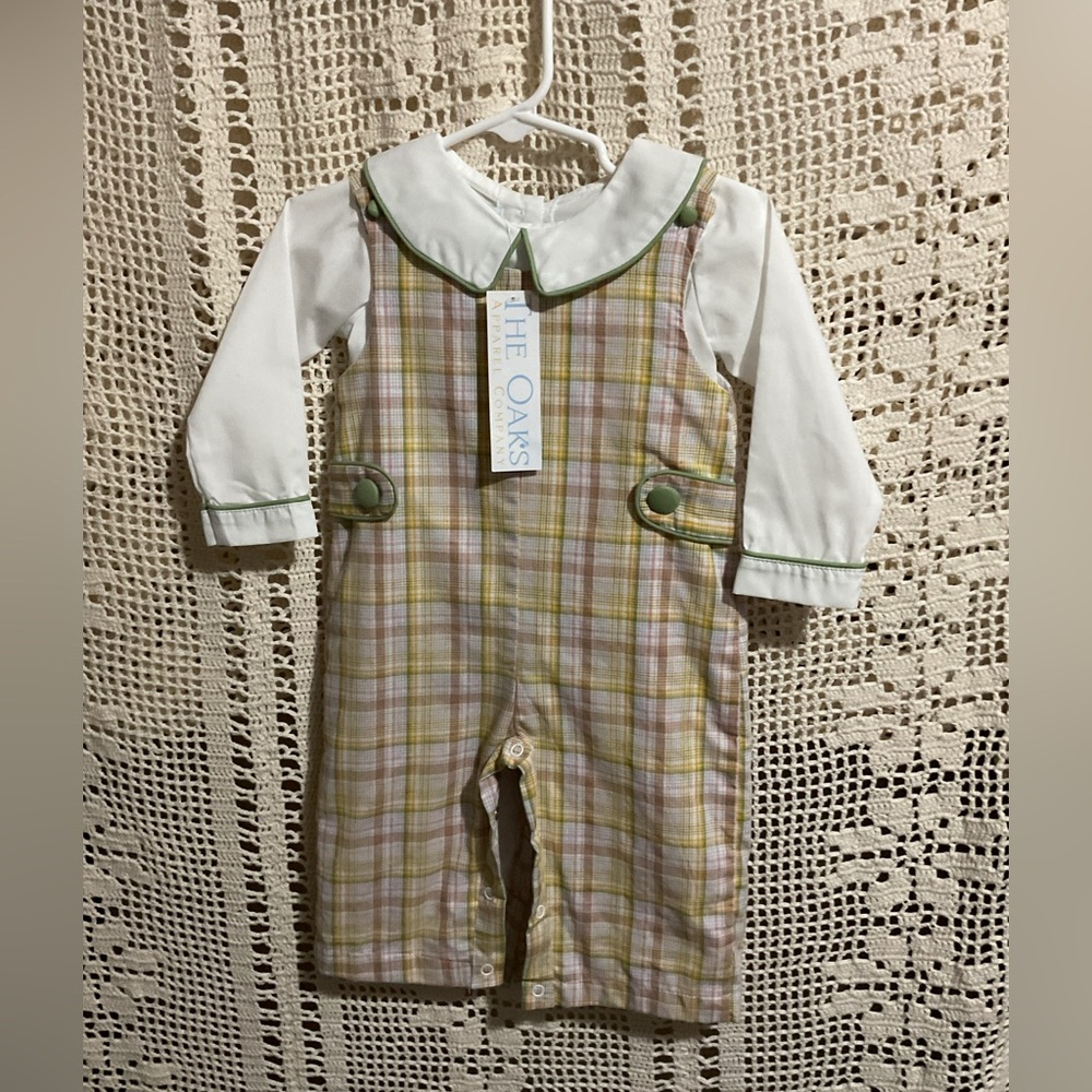 NWT The Oaks Apparel Lincoln Harvest Fields Plaid Overall Romper 3 months
